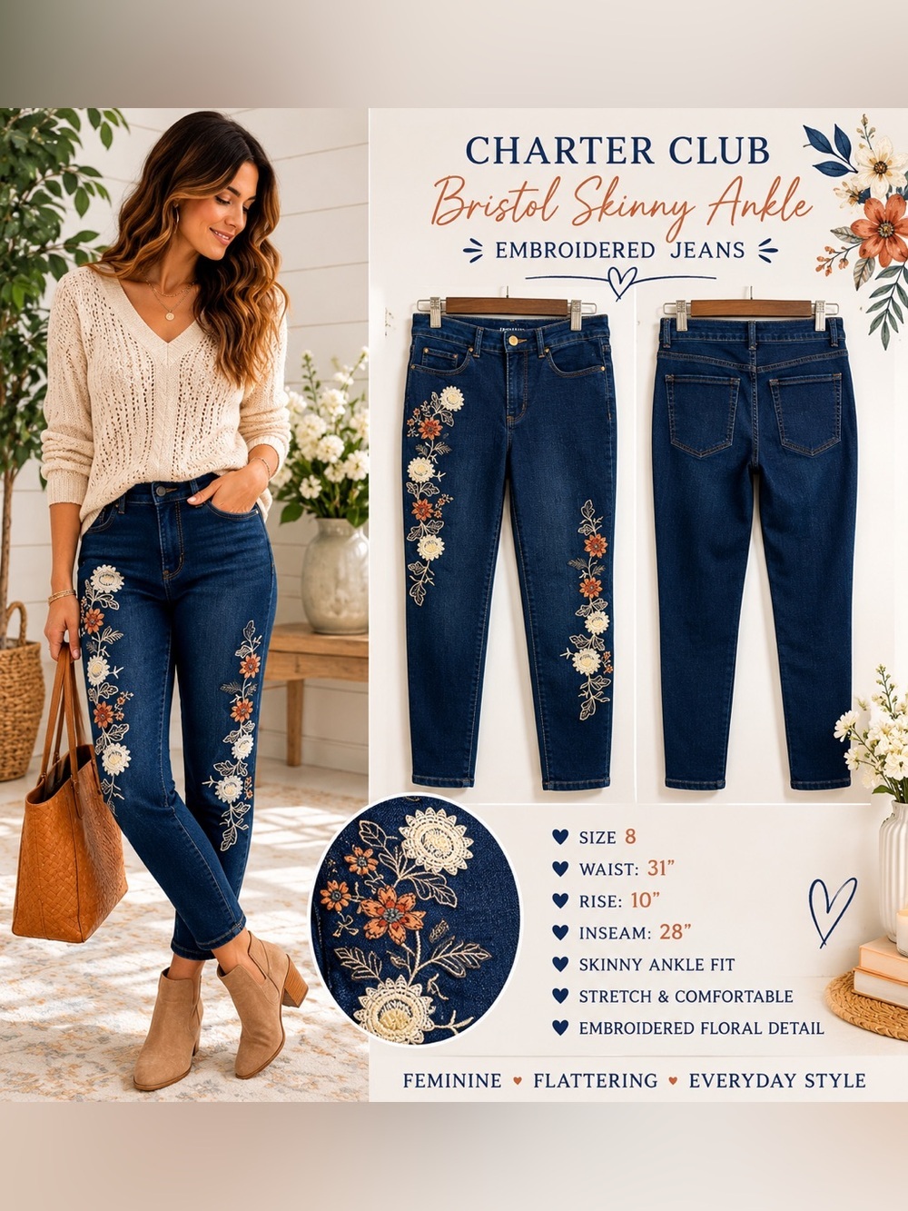 Charter Club Bristol Skinny Ankle Embroidered Jeans - Dark Blue